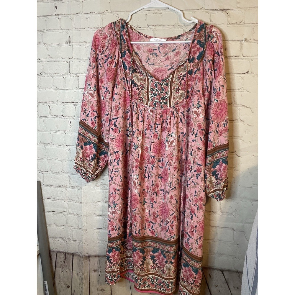 Floral Boho Peasant Fairy Dress Small Knee Length Shift Temofon Pink Sz. L